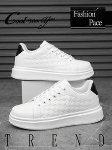 (Kích thước nhỏ hơn) Giày thể thao nam cổ điển màu đen và trắng in họa tiết ngẫu nhiên thoải mái, giày đế bằng buộc dây bằng da thời trang ngoài trời - trắng và đen - Xem 3