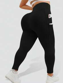 1pc Plus Size Black Leggings With 4 Pockets, Suitable For Yoga And Outdoor Wear, Non-Awkward Waist Design With Double Layers For Tummy Control, All-Season - Black - View 2