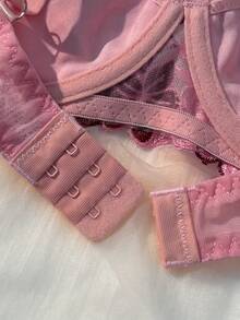 Cute-Sweet Underwire  Beautiful Embroidered Floral Lingerie Set, With Lined Comfortable Bra And Underwear, Wired Bra And Panties, For Outerwear, Daily Lingerie - 酒紅色 - 查看 3