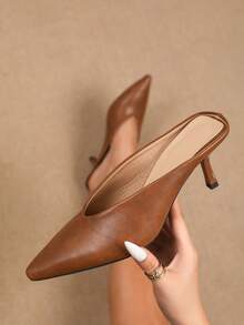 女士时尚高跟V领露趾穆勒鞋，棕色尖头套脚高跟鞋，适合办公室和工作场合，优雅，适合派对，猫跟鞋 - 棕色 - 查看 3