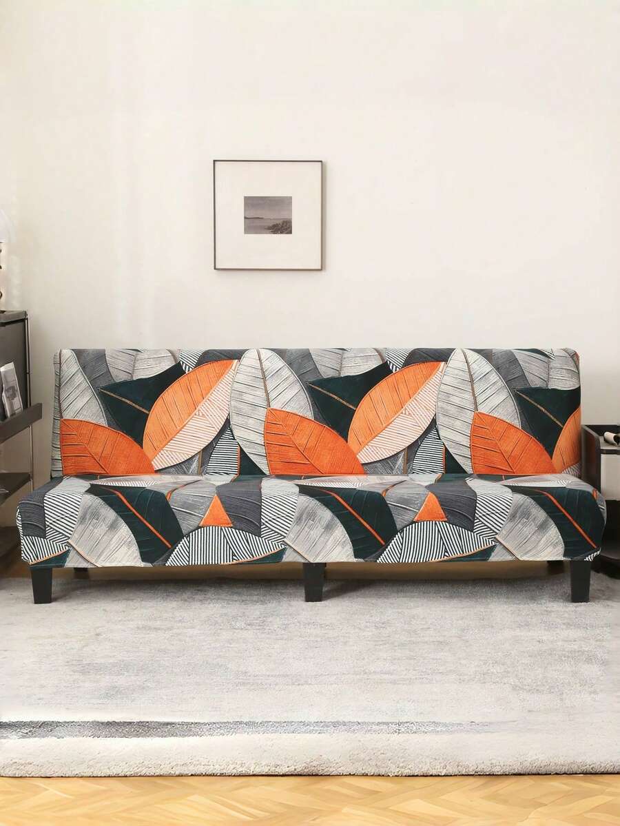 1pc Creative Leaf Texture Armless Sofa/Bed Cover, Elastic Full Coverage Polyester Sofa Slipcover, Knitted Milk Silk, Suitable For All Seasons - Dark Green - View 1