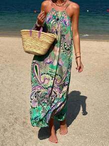 Vestido largo de tirantes con estampado floral, estilo casual y suelto para vacaciones en la playa, talla grande para mujeres