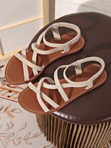 Bohemian Fashion Women's Flat Elastic Band Casual Summer Home Party Beach Sandals - Beige - View 6