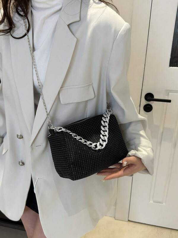 Women's Rhinestone Decor One Shoulder Oblique Cross-Body Chain Bag, Fashionable Casual Large Capacity