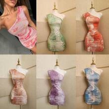 Vestido Corto Marmoleado De Un Hombro moldeable al cuerpo  Sexy  Fiesta    Asimétrico    Vestidos Sexys  Primavera/verano - Verde - Ver 4