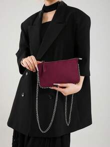 1pc Women's Red Chain Shoulder Bag, New Fashion Charm Beaded Crossbody Clutch Purse , New Year - Burgundy - View 4