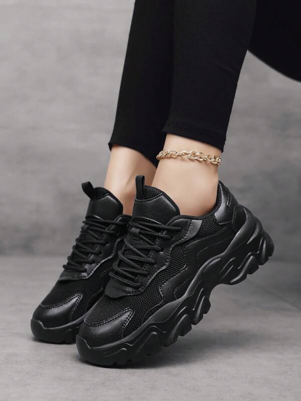 Women's Casual Sports Shoes, Versatile Mesh Breathable Chunky Sneakers, Leather Splicing Lightweight Running Shoes, Fashion Personalized Student Sports Shoes, Outdoor Street Photography Party Lolita Style Sequined Mesh Shoes, New Style Lightweight Walking Shoes, Suitable For Holiday Travel, All Season Hollow Out Running Shoes For Women