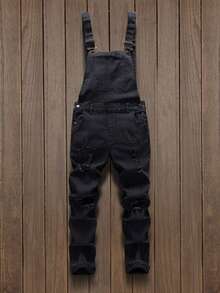 Men's Street Versatile Casual Ripped Hole Multi Pocket Workwear Overalls - Black - View 1