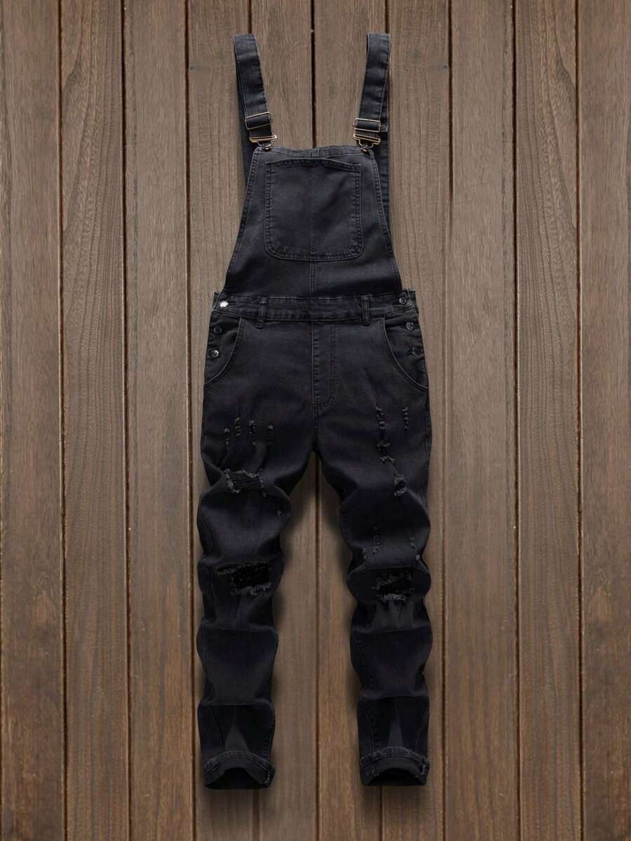 Men's Street Versatile Casual Ripped Hole Multi Pocket Workwear Overalls - Black - View 1
