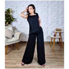 Conjunto Calça Pantalona e Blusa Alcinha de Lacinho Elegante Social Esporte Fino Duna Bonito Preto