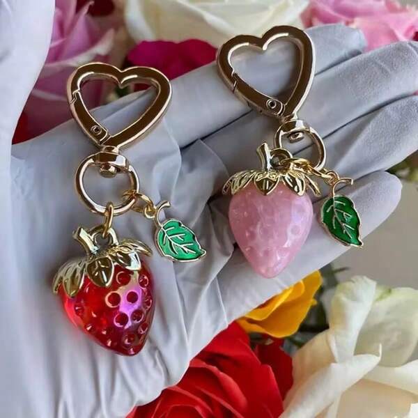 Exquisite Cute Little Flower Strawberry Love Keychain Suitable For Ladies And Girls Fashion Bags School Bag Pendants, Fashionable Novelty Accessory For Keys And Purses
