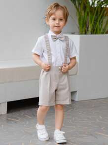 Conjunto de 4 peças: Camisa de Manga Curta + Shorts + Gravata Borboleta + Suspensórios para Meninos Jovens, Uniforme Escolar, Traje para Ocasião Formal, Roupa Diária, Adequado para Apresentação Escolar, Casamento, Festa no Verão