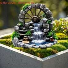 [2D Flat] 1pc 2D Flat Acrylic Waterfall Fountain Planter - Modern Style, Multipurpose Garden Art Decor With Rock Wheel And Greenery, Suitable For Home, Lawn, Outdoor Decor And Gift, Durable Plastic Outdoor Water Fountain Decor