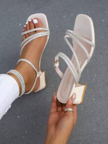 Women's Elegant Outdoor Party Solid Color Fashion Minimalist Rhinestone Decor Comfortable High Heel Sandals, Summer