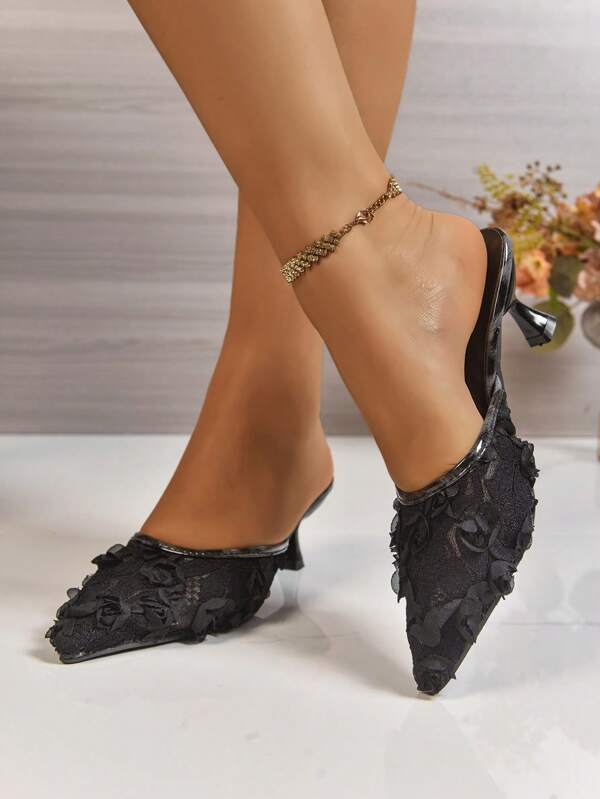 Sandalias de tacón alto de malla para damas, tacones de gatito de punta puntiaguda, corazón de lunar negro/encaje blanco, zapatos de moda sexy de nuevo estilo, tacones stilettos negros delgados
