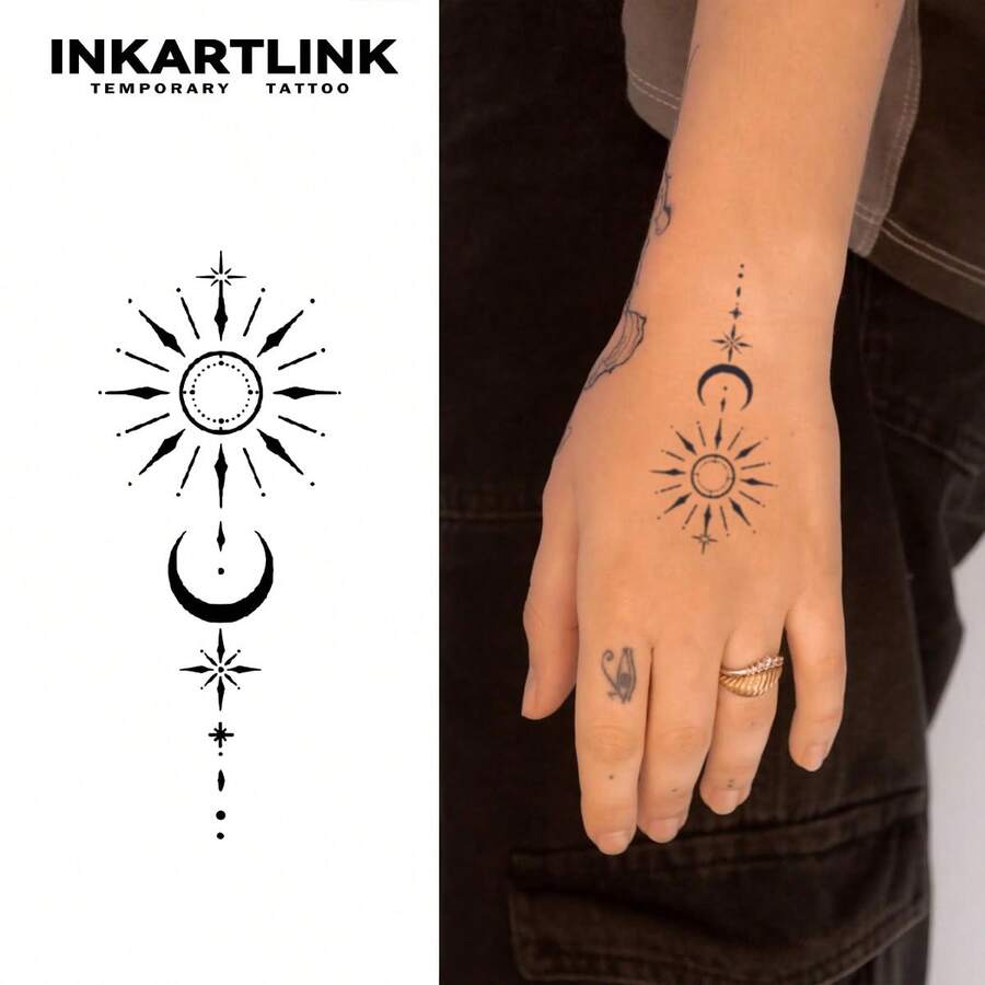 INKARTLINK，临时纹身贴，太阳月亮星星纹身贴，防水，持续1-2周 | 极简主义天体图腾
