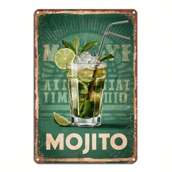 1 件复古莫吉托鸡尾酒金属锡标牌 - 30x20cm 高清印刷金属墙面艺术，防水防尘，预钻孔，方便悬挂 - 室内外装饰，适合家庭、酒吧、咖啡厅、男人窝、农舍风格金属墙面装饰，乡村设计，随机孔样式