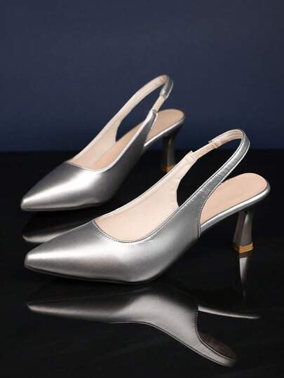 1 Pair Girl's Silver High Heel Sandals, Solid Color PU Material, Elastic Design, Pointed Toe Slim Stiletto Heel Casual Wedge Sandals, Suitable For Party, Shopping, Travel, Holiday, Office Wear, New Summer Style