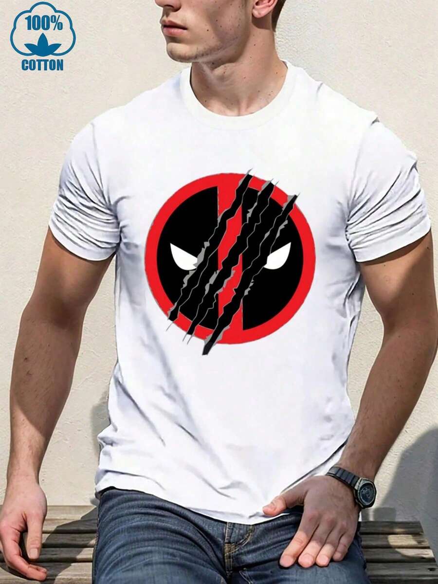 1Pcs Men's Casual Crew Neck Short Sleeve 100% Cotton Tee With Edgy Deadpool Logo Digital Print 220g Heavyweight T-Shirt - 白色 - 查看 1