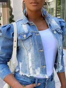 Distressed Hem Pocket Denim Jacket, Casual Street Style Versatile Fit, Elastic-Free, Suitable For All Seasons