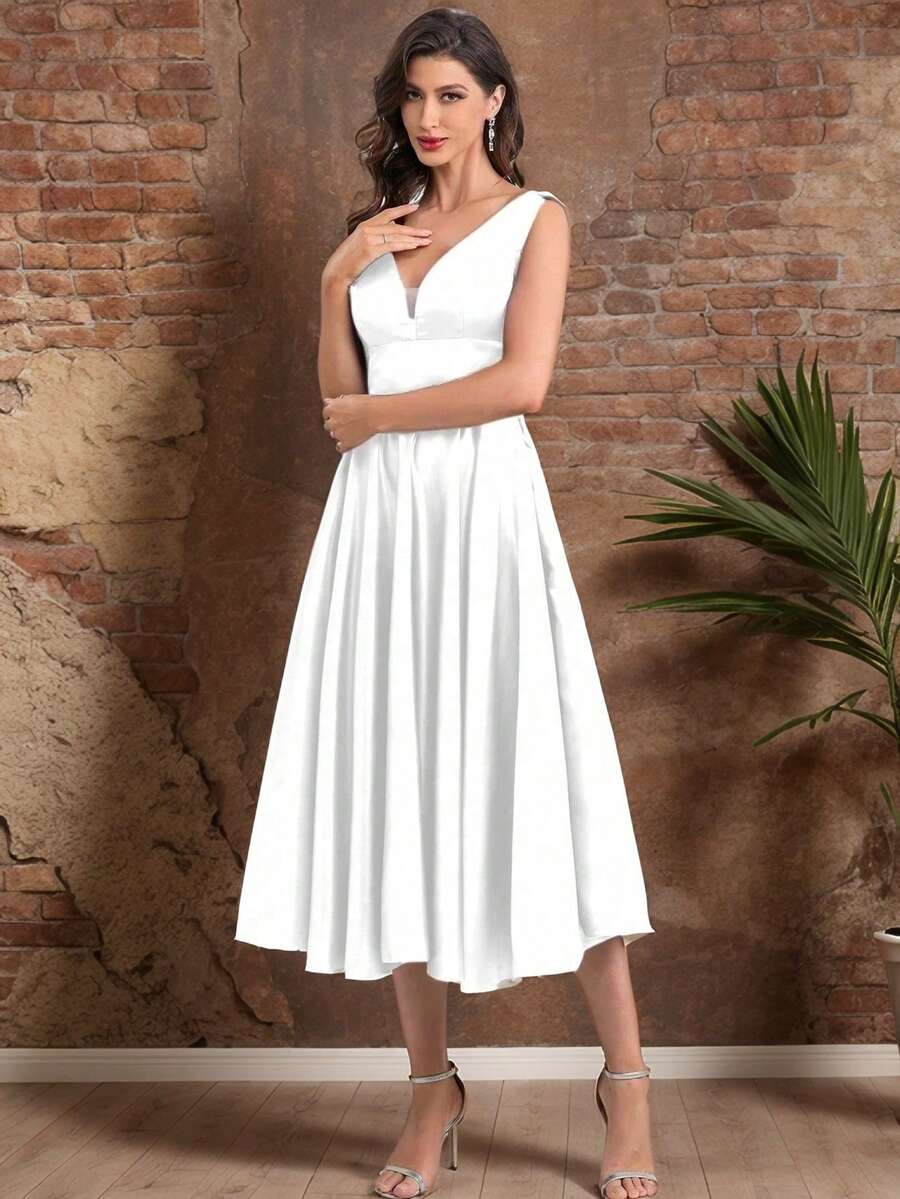 Vestido de noche corto y sexy de línea A con escote en V sin mangas, vestido de fiesta elegante de mujer con cintura ajustada y plisado, vestido de graduación con espalda descubierta