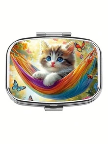 1pc Cute Cat Medicine Pill Box, 2-Compartment Portable Pill Case Wallet Pocket Travel - Practical And Fashionable