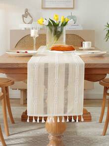 1pc Modern Style Hollow Striped Polyester Fiber Desk Flag & Runner Suitable For Home, Classroom, Hotel Use - White - View 5