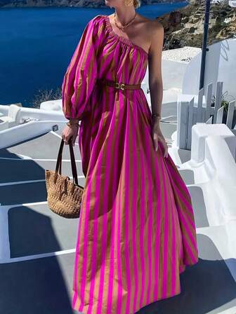 Stripe & Print Sexy One-Shoulder Vacation Style Women Summer Dress