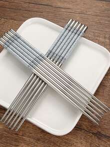 6/10pcs Stainless Steel Chopstick Set, Porcelain Pattern, Non-Slip & Heat-Resistant, Adult Tableware Chopstick Set For Home Use - Silver - View 7