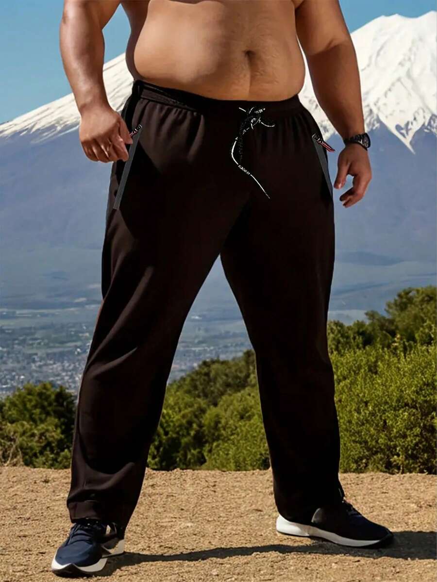 Plus Size Men's Casual Pants, Soft And Comfortable Outdoor Sports Pants With Drawstring And Zipper Pockets, Suitable For Running - Black - View 1