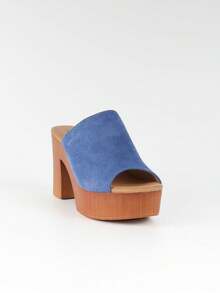 女士木纹厚底人字拖，休闲夏季粗跟方头凉鞋，时尚穆勒鞋 - 藍色SO8610 - 查看 4