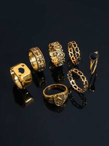 7pcs Punk Metal Hollow Heart Printed Fashionable Retro Rap Finger Ring Set For Men