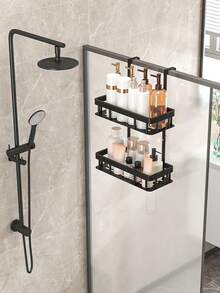 1/2/3-Tier Bathroom Storage Rack, Hanging Shower Caddy, Non-Swaying, Rust-Proof, With Shampoo, Soap And Bathroom Accessories Hooks Back To School Bathroom Accessories - Black - View 9