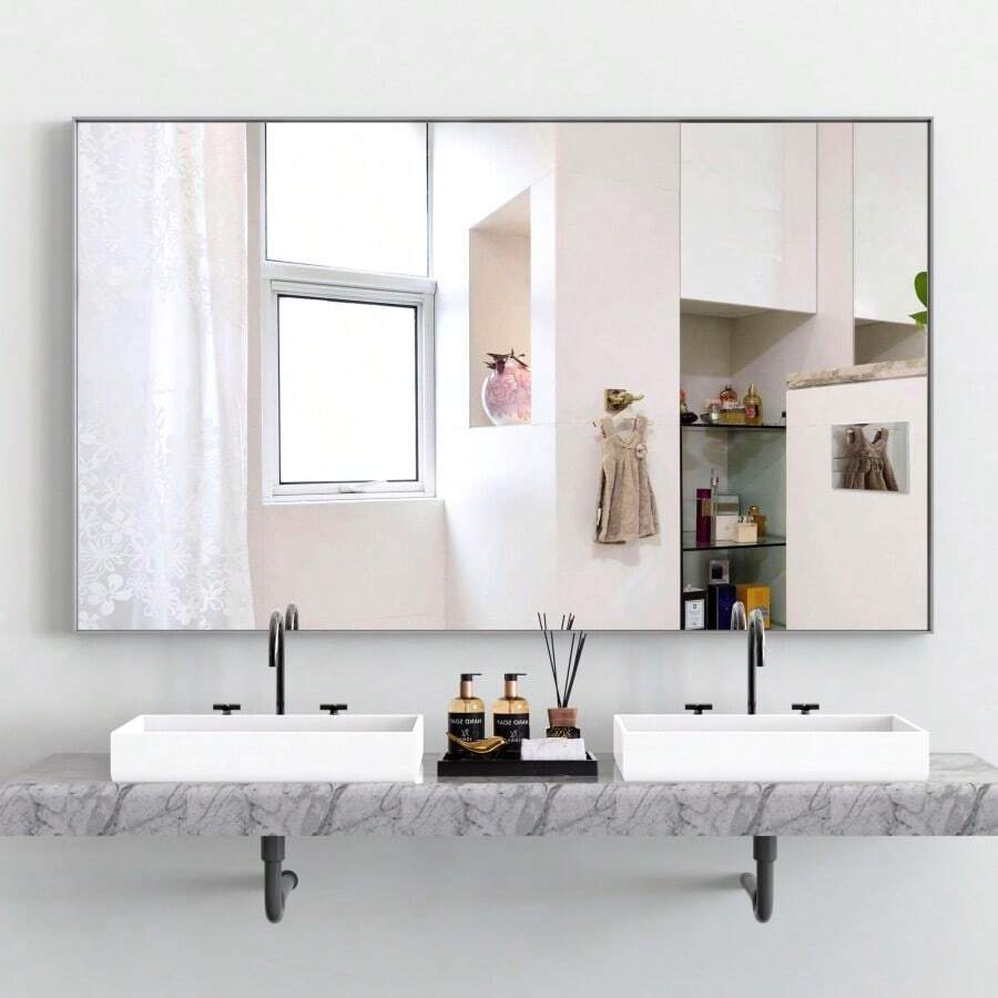 Simple-60*36" Oversized Modern Rectangle Bathroom Mirror With Silver Frame Decorative Large Wall Mirrors For Bathroom Living Room Bedroom Vertical Or Horizontal Wall Mounted Mirror With Aluminum Frame-7007 - Multicolor - View 1