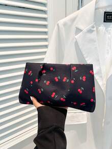 New Spring/Summer Fashion Clutch Bag With Cherry Pattern, Fruit, Color-Blocking, Ruched Cloud Design, Solid Color Casual Envelope Makeup Bag, Travel Accessory Pouch, Liner Bag, Toiletry Bag, Storage Pouch - Black - View 6