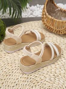 1 pereche de sandale albe cu strasuri pentru fete adolescente, sandale de plajă la modă cu vârf pătrat și talpă groasă, pantofi de vară confortabili și ușori din frânghie țesută pentru școală și purtare zilnică