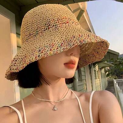 1pc New Breathable Hollow Out Beach Hat, Colorful Seaside Resort Style, Wide Brim Woven Fisherman Straw Hat For Women