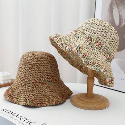 1pc New Breathable Hollow Out Beach Hat, Colorful Seaside Resort Style, Wide Brim Woven Fisherman Straw Hat For Women