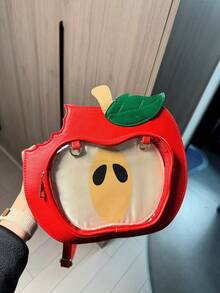 1pc Japanese-Style Red Apple Transparent Backpack, High-Quality PU Material Satin Fabric, Can Display Anime Badges, Creative Design, Zipper Opening Can Be Used As Shoulder Bag, Adjustable Shoulder Straps, Cute Japanese Sweet & Quirky Red Apple Ladies Bag, Suitable For Daily Commute, School, Anime Convention, Gift, Shopping, Party - Red - View 6