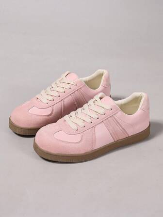 女士休闲运动鞋，轻便舒适，防滑橡胶鞋底，圆头，系带，粉色平底休闲鞋，适合所有季节