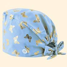 1pc Premium Polyester Material Butterfly Print Thermal Transfer Gold Design Scrub Cap, Anti-Bacterial And Dust-Proof, Elastic Back, Side Mask Hanging Buckle, Suitable For Doctors, Nurses, And All Hospital, Beauty Salon, And Veterinary Clinic Workers