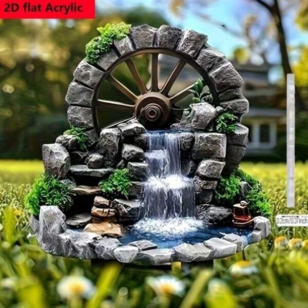 [2D Flat] 1pc 2D Flat Acrylic Waterfall Fountain Planter - Modern Style, Multipurpose Garden Art Decor With Rock Wheel And Greenery, Suitable For Home, Lawn, Outdoor Decor And Gift, Durable Plastic Outdoor Water Fountain Decor