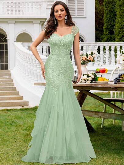 MIUSOL Sequin Floral Lace Sweetheart Neck Short Sleeve Contrast Mesh Layered Hem Dress, Elegant Women's Party Gown, Formal Evening Dress, Ball Gown, Suitable For Wedding Guest, Graduation Ceremony, Gala Dinner And Other Occasions Spring