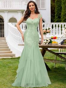 MIUSOL Vestido de fiesta con cuello en V profundo, mangas de tapón, encaje con lentejuelas, contraste de malla y dobladillo escalonado, vestido de fiesta elegante para mujer, vestido de noche formal, vestido de graduación, para invitados de boda, cena