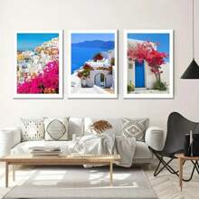 3pcs Santorini Greece Island Poster Aegean Sea Landscape Canvas Print Painting Travel Poster Wall Art Living Room Decoration Optional Frame