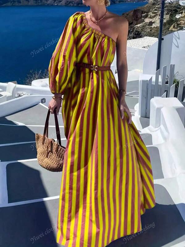 Sexy One-Shoulder Striped Printed Vacation Dress, Spring/Summer