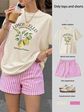 柠檬印花女士宽松短袖上衣，夏季女装，印花T恤，度假套装，夏季女装，女士套装，夏季短裤，针织上衣，梭织长裤，条纹阔腿短裤套装，2件套，中国新年，农历新年，马年，春节，新年快乐，情人节，情人节礼物，送给她的情人节礼物