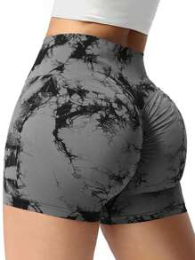 2 Peças (Cor Sólida e Tie Dye) Shorts Esportivos Femininos de Ioga e Academia, Fitness, Sem Costura, Controle da Barriga, Levantamento do Bumbum, Secagem Rápida, Alta Elasticidade