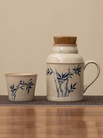 1 套复古大容量茶壶、杯子和盖子，三合一陶瓷茶壶带手柄，热水壶带杯子和盖子，适合家庭、办公室、礼物或旅行返校