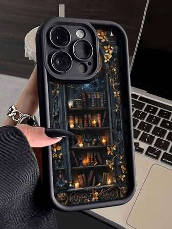 Bookshelf Flower Colorful Painting Black Magic Moon & Star Sky Halloween Retro Ditsy Floral, Matte Black Frame Gradient Design Soft Phone Case Compatible With Apple/Redmi/Infinix/Note/Vivo/Oppo/Honor/ Waterproof Shockproof Anti-Fall Scratch Resistant